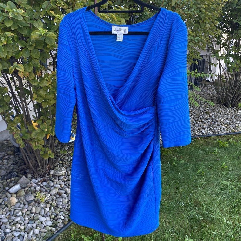 Joseph Ribkoff Wm’s Sz 16 Royal Blue Ribbed Faux Wrap Bodycon Ruched Midi Dress